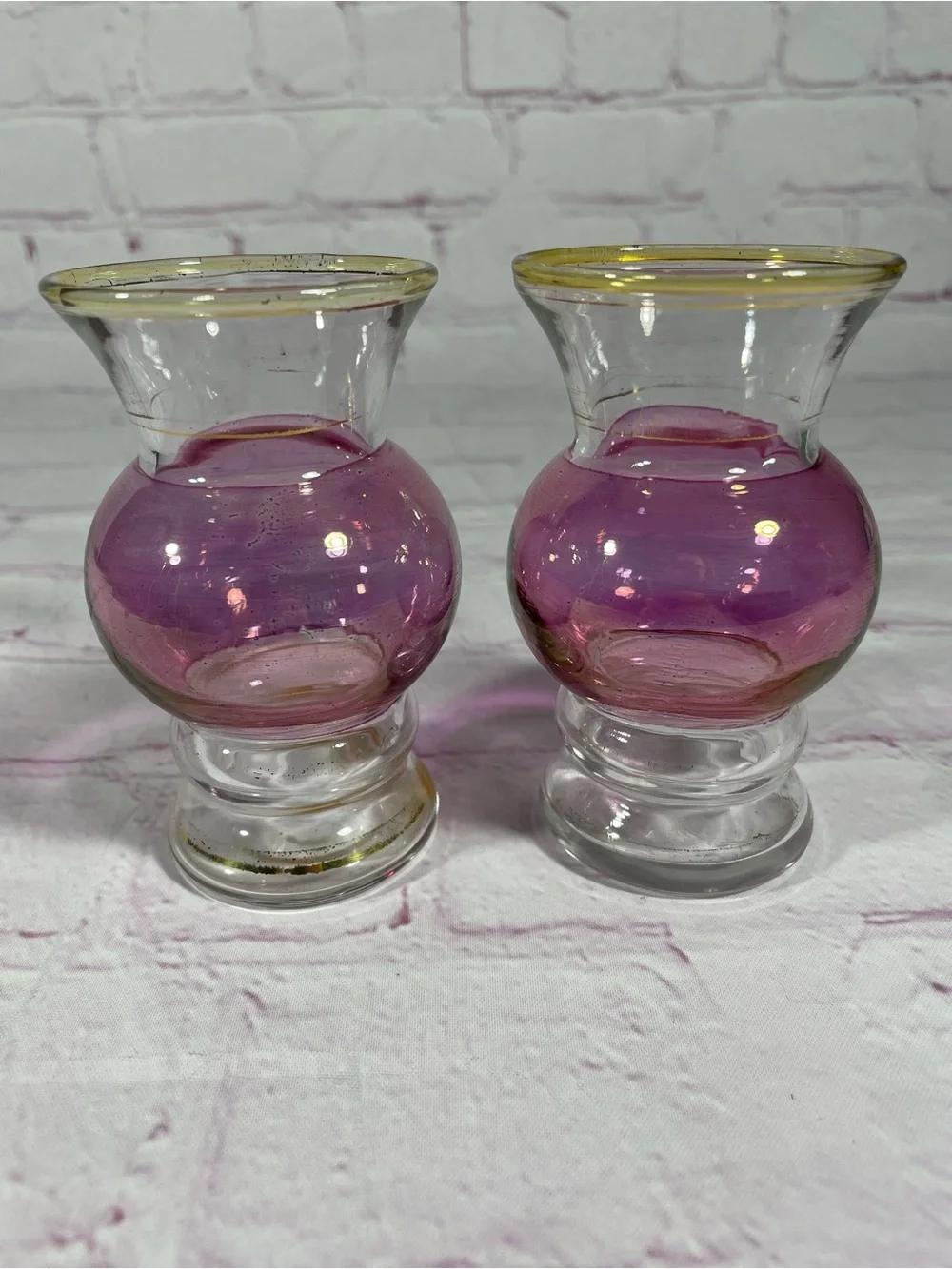 Vintage Bartlett Collins Hand Painted Purple and Gold Glass Bud Vase Pair